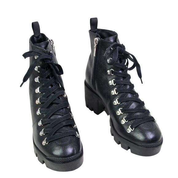 Schutz BLACK GENUINE LEATHER MID HEEL LACE UP ZIP ROUND TOE ANKLE BOOTS Sz 6.5B - Picture 1 of 9